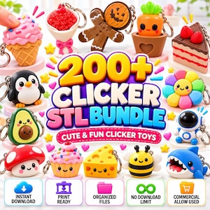 Op de afbeelding: Een verzameling kleurrijke 3D-geprinte clicker-sleutelhangers met figuren zoals een pinguïn, avocado, paddenstoel, cupcake, kaas, bij, haai en astronaut. De centrale tekst luidt 200+ CLICKER STL BUNDLE CUTE & FUN CLICKER TOYS met iconen voor directe download, printklaar, georganiseerde bestanden, geen downloadlimiet en commercieel gebruik toegestaan.