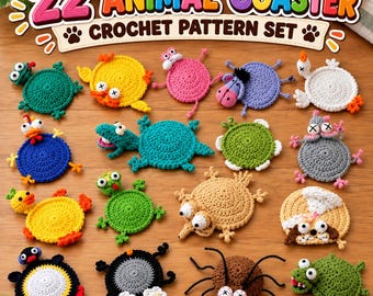 Könnte beinhalten: Eine Sammlung von 22 tierischen Häkeluntersetzern mit verschiedenen bunten Motiven wie Fröschen, Hühnern und Spinnen. Der Text 22 ANIMAL COASTER CROCHET PATTERN SET steht oben. Jeder Untersetzer ist ein rundes, handgefertigtes Stück aus Garn.