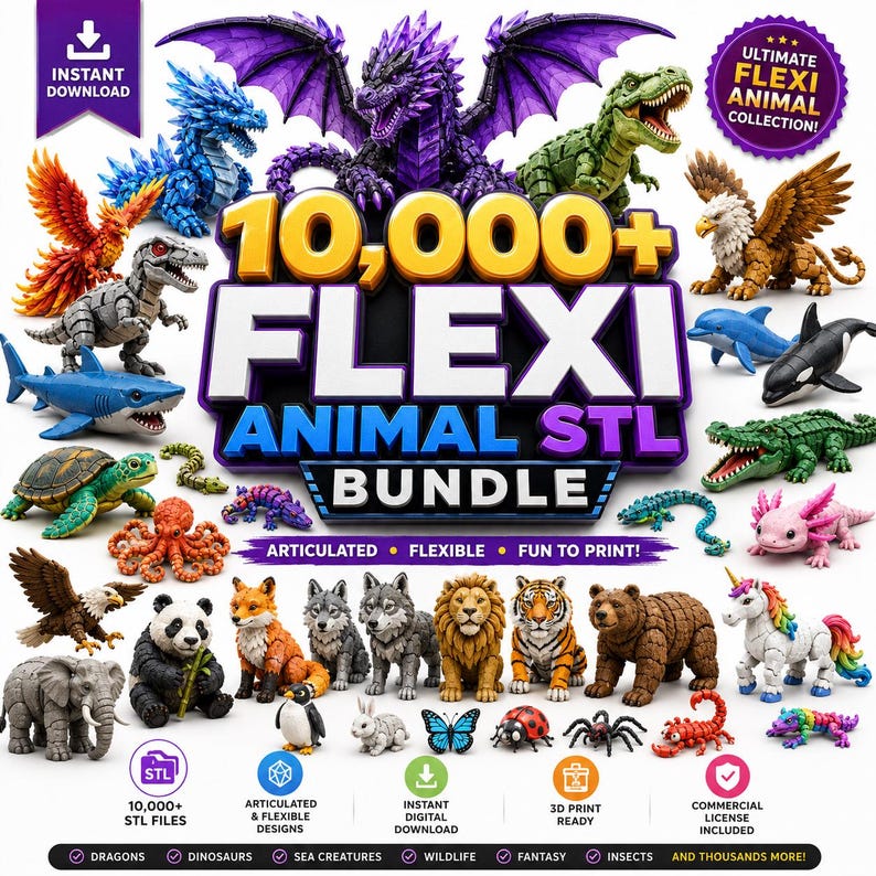 Op de afbeelding: Een digitale collectie van meer dan 10.000 gearticuleerde en flexibele dierlijke STL-bestanden voor 3D-printen. De afbeelding toont diverse wezens, waaronder draken, dinosaurussen, zeedieren, wilde dieren en insecten in diverse kleuren.