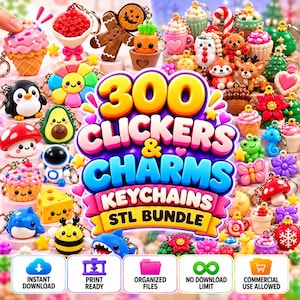 Op de afbeelding: Een digitale collectie van 300 Clickers & Charms Keychains STL Bundle met diverse kleurrijke 3D-karakterontwerpen zoals een pinguïn, avocado, paddenstoel, cupcake, kaas, bij, haai en vakantie-items met iconen voor directe download.