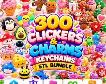 Könnte beinhalten: Eine digitale Sammlung von 300 Clickers & Charms Keychains STL Bundle mit verschiedenen bunten 3D-Charakterdesigns wie Pinguin, Avocado, Pilz, Cupcake, Käse, Biene, Hai und weihnachtlichen Motiven sowie Symbolen für den Sofort-Download.