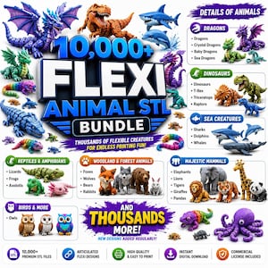 Op de afbeelding: Een digitale advertentie voor een 10.000+ Flexi Animal STL-bundel met diverse gearticuleerde 3D-geprinte wezens zoals draken, dinosaurussen, zeedieren en zoogdieren, inclusief tekst over bestandstypen en downloadopties.