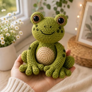Op de afbeelding: Een kleine, handgemaakte gehaakte kikker met een felgroen lichaam, een lichtbeige ronde buik en grote, donkere, glanzende ogen. De kikker heeft gedetailleerde gestikte stippen op de wangen en ledematen en een eenvoudig zwart geborduurde glimlach.