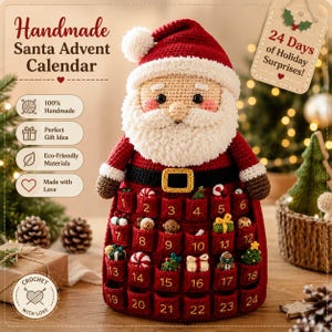 Könnte beinhalten: Ein handgefertigter Häkel-Adventskalender in Form eines Weihnachtsmanns mit roter Mütze, weißem Bart und schwarzem Gürtel mit goldener Schnalle. Der Körper hat vierundzwanzig nummerierte rote Taschen mit kleinen gehäkelten Überraschungen.