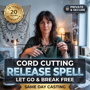 Puede incluir: Un servicio de ritual de corte de lazos con una persona sosteniendo tijeras entre dos velas blancas encendidas y humo. El texto incluye: 20 YEARS EXPERIENCE, PRIVATE & SECURE, CORD CUTTING RELEASE SPELL, LET GO & BREAK FREE, SAME DAY CASTING.