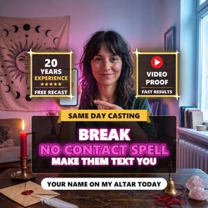 May include: A digital graphic featuring text that reads: 20 YEARS EXPERIENCE, VIDEO PROOF, SAME DAY CASTING, BREAK NO CONTACT SPELL, MAKE THEM TEXT YOU, and YOUR NAME ON MY ALTAR TODAY. The image displays a person holding a smartphone.