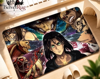 Pode incluir: Um tapete retangular com uma estampa gráfica vibrante de personagens de Attack on Titan, incluindo Eren Yeager e vários titãs, em uma composição dinâmica com tons de azul escuro, vermelho e preto em toda a superfície.