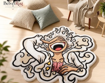Pode incluir: Um tapete de formato personalizado apresentando um personagem de desenho animado com uma boca larga e risonha, olhos fechados e cabelo ondulado, delineado por linhas pretas grossas sobre um fundo branco e creme com padrões de nuvens.