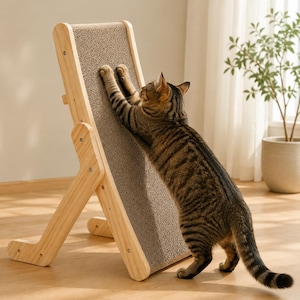 Könnte beinhalten: Ein Kratzbaum für Katzen aus hellem Holz mit einer angewinkelten, texturierten Pappoberfläche. Die Struktur verfügt über einen stabilen Rahmen mit sichtbaren Schrauben und eine breite Basis, um eine Katze beim Kratzen am Paneel zu stützen.