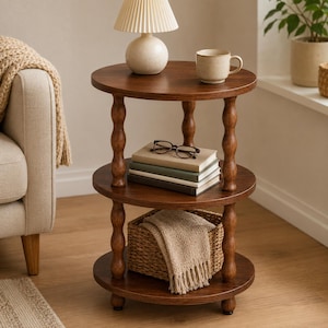 Peut inclure: Une table d'appoint ronde en bois à trois niveaux avec une finition brun foncé et des pieds en forme de fuseau. L'étagère supérieure porte une petite lampe et une tasse en céramique. L'étagère centrale contient trois livres et des lunettes.
