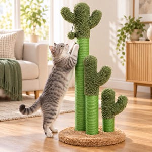 Pode incluir: Um arranhador para gatos em forma de cacto de três níveis, com corda de sisal verde enrolada nos troncos verticais e tecido verde texturizado nos braços. A base é uma plataforma circular de carpete bege com um pequeno brinquedo pendurado.