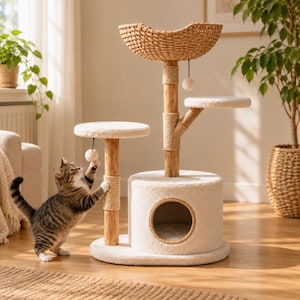 Könnte beinhalten: Ein mehrstöckiger Katzenbaum mit einer runden, weißen Plüschbasis, einer passenden geschlossenen Höhle, zwei mit Sisalseil umwickelten Holzpfosten, zwei weißen Plüschplattformen und einem geflochtenen Weidenkorb als oberstem Abschluss. Zwei kleine weiße Pompons hängen daran.
