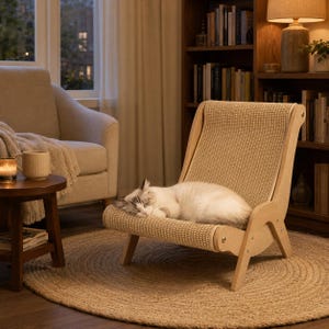 Tumbona rascador XL para gatos, cama de madera y sisal para gatos de interior
