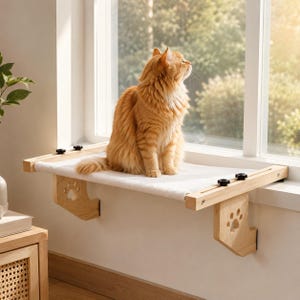 May include: A light-colored wooden cat window perch featuring a soft white fabric platform and two side brackets with decorative paw print cutouts. The perch is secured to the window frame with black adjustable knobs and mounting hardware.