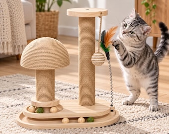 3-in-1 Wooden Cat Scratching Post, Mushroom Sisal Activity Center with Ball Track and Feather Toys