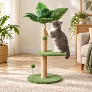 Pode incluir: Uma árvore para gatos com base circular de carpete verde, um poste central de sisal e uma plataforma de carpete verde. O topo é adornado com grandes folhas artificiais verdes e inclui dois pequenos brinquedos de pompom verdes.