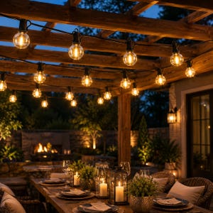 May include: A string of clear globe-shaped light bulbs suspended from a wooden pergola above an outdoor dining table. The warm glowing lights are arranged in multiple rows, illuminating a table set with lanterns, glassware, and greenery.