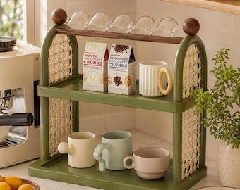2 Tier Vintage plastic Rattan Cup Storage Rack, Countertop Coffee Mug Organizer with Glass Holder, Green Kitchen Bar Shelf
