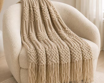 Chunky Knit Throw Blanket with Tassels, Vintage Farmhouse Cable-Knit Bedspread, Cream Home Decor