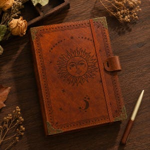 A5 Hemels Dagboek, Vintage Zon Maan Notitieboekje, Donkere Academie Dagboek, Omslag met Leerlook