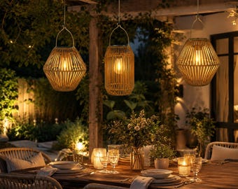 Solar Rattan Lantern, Waterproof Boho Outdoor Hanging Light, Warm LED Decor