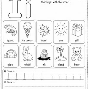 May include: A black and white educational worksheet for children featuring the letter I. It includes a section to color pictures starting with I, such as an iguana, ice cream, insect, igloo, ink, and island, plus tracing and writing practice lines.