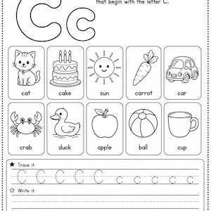 May include: A black and white educational worksheet for children featuring the letter C. It includes illustrations of a cat, cake, sun, carrot, car, crab, duck, apple, ball, and cup, with sections to trace the letter C and the word cat.