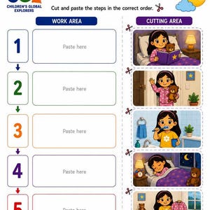 May include: A printable educational worksheet titled MY BEDTIME ROUTINE with a work area numbered one through five and a cutting area featuring five illustrations of a child performing bedtime tasks like reading, brushing teeth, and sleeping.