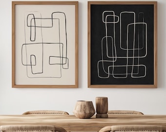 Abstrakte Linienkunst-Kunstdrucke, 2er-Set, minimalistisches geometrisches Muster auf Leinwand in Schwarz-Weiß.