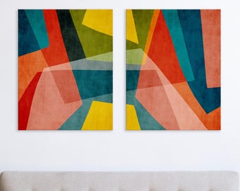 Abstract Colorful Mid-Century Wall Art, Multicolored Bold Geometric Set of Two Prints