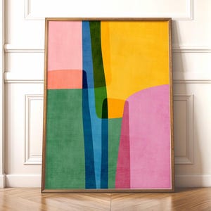 Pink Yellow Blue Green Mid-Century Modern Abstract Wall Art, Colorful Digital Painting Large Wall Art Print, Modern Multicolored Nursery Art
