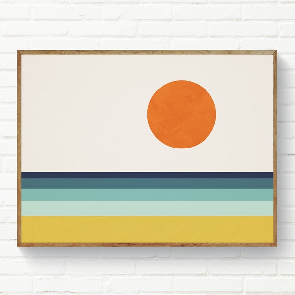Paysage géométrique minimaliste, soleil de mer de plage abstrait, impression abstraite horizontale moderne du milieu du siècle, art mural 24 x 36