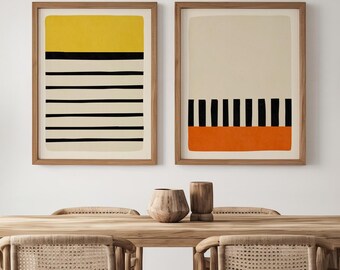 Abstract Minimalist Wall Art Set | Striped Geometric Design | Beige Mustard Orange Black