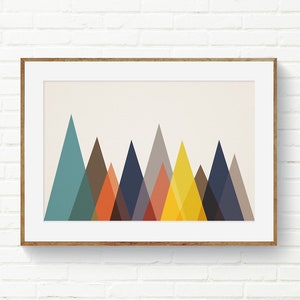 Arte de pared horizontal, impresión de paisaje de montañas de mediados de siglo, paisaje colorido moderno de mediados de siglo, impresiones para guarderías, impresiones de invierno