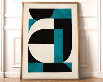 Modern Abstract Geometric Teal Black White Canvas Print: Bold Mid-Century Wall Art