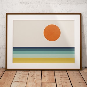 Minimalistische geometrische Landschaft, abstrakter Strand Meer Sonne, Mitte des Jahrhunderts moderner horizontaler abstrakter Druck, 24x36 Wandkunst