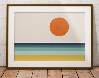 Minimalist Geometric Landscape, Abstract Beach Sea Sun, Mid Century Modern Horizontal Abstract Print, 24x36 Wall Art