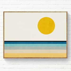 Póster abstracto de playa, sol y mar, póster abstracto horizontal de 30 x 40, impresión de paisaje soleado de 24 x 36, arte de pared de sol amarillo, arte minimalista