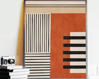 Burnt Orange Black Stripes Mid-Century Modern Geometric Art Print