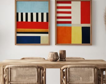 Set of 2 Bold Stripe Color Block Prints Red Orange Navy Mid-Century Wall Art