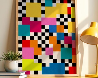Vibrant Geometric Art Print Bold Colors Checkerboard Pattern