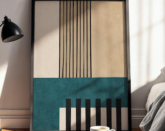 Modern Abstract Bold Geometric Art Print: Beige Teal Black Lines for Contemporary Home Decor