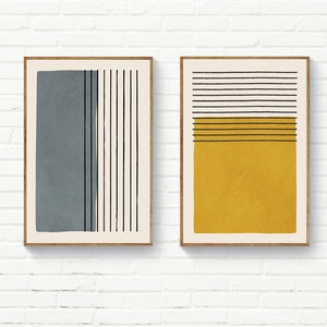 Set of 2 Mustard Wall Art, Set of 2 Abstract Prints, Original Minimalist Wall Art, Mustard & Gray Wall Art, Color and Lines Decor