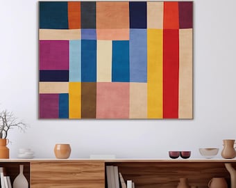 Mehrfarbige geometrische abstrakte Kunst: Mid-Century Modern Leinwand Horizontale Wandkunst