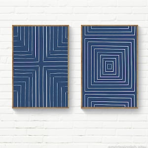 Blue & White Set of 2 Prints / Original Abstract Geometrical Lines Print Set / Navy Gray Original Living Room Wall Art Set / Trendy Decor