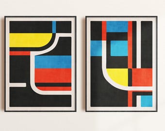 Kräftige Primärfarben Schwarz 2er Set Leinwand: Geometrisches Minimalistisches Design Zeitgenössische Kunst