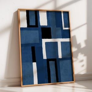 Navy Blue White Black Abstract Minimalism Wall Art, Original Digital Painting, Minimalist Office Prints image 1