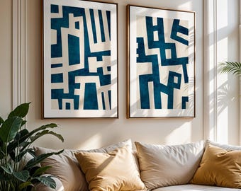 Set von 2 Geometrischen Design Kunstwerken: Dunkel Blau Creme, Moderne Kunst