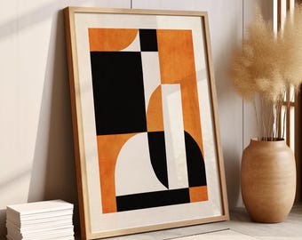 Black Orange White Modern Abstract Wall Art, Bold Mid Century Geometric Print