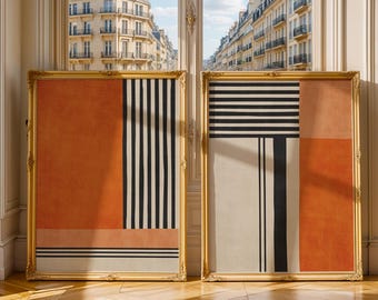 Geometrisches Set 2 Drucke Reich Orange Schwarz Streifen: Original Stilvolles Wohndekor